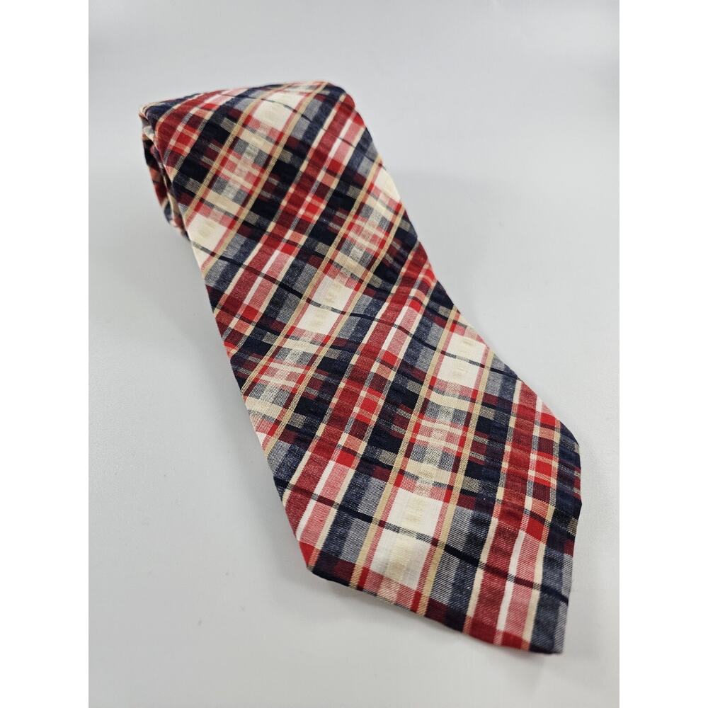Vintage Don Loper Of California Red Navy White Madras Neck Tie 54" x 4"